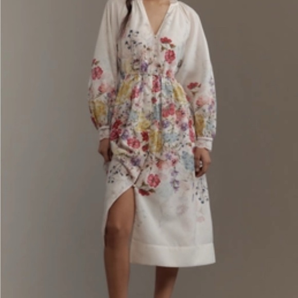 Size XL Anthropologie LET ME BE LONG-SLEEVE V-NECK FLORAL A-LINE MIDI DRESS - Picture 3 of 9